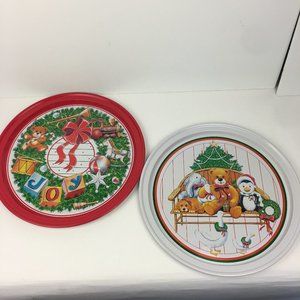 2 Vtg Christmas Holiday‎ Round Serving Trays Tin